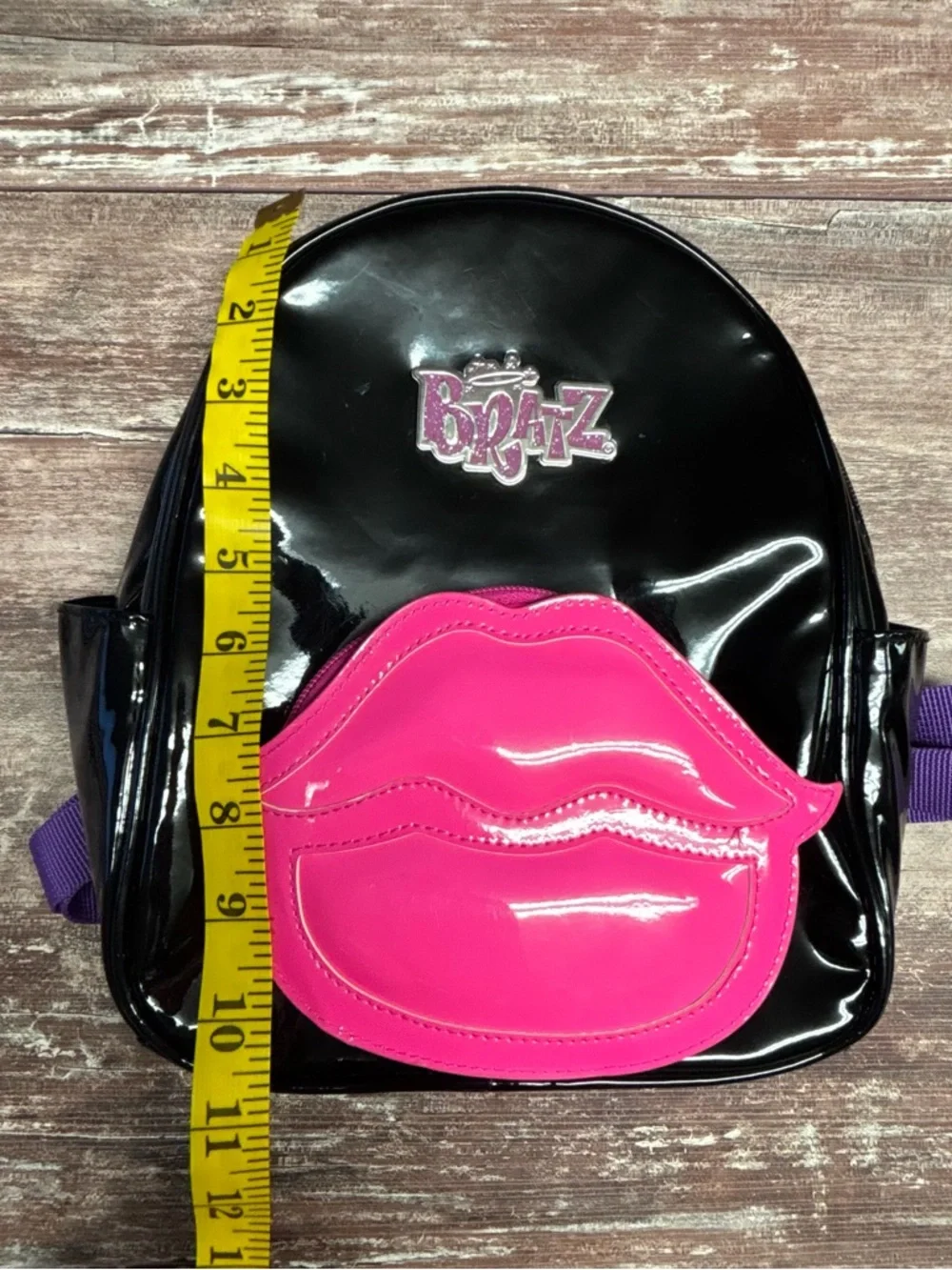 Bratz Black Patent Mini Backpack Hot Pink Lip Pocket Y2K Aesthetic Preppy Bag
